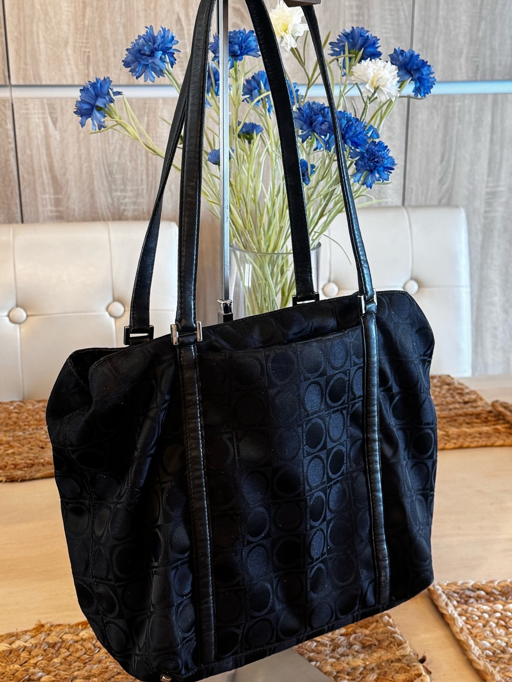 Authentic Salvatore Ferragamo Gancini Logo Canvas & Leather Tote Shoulder Bag